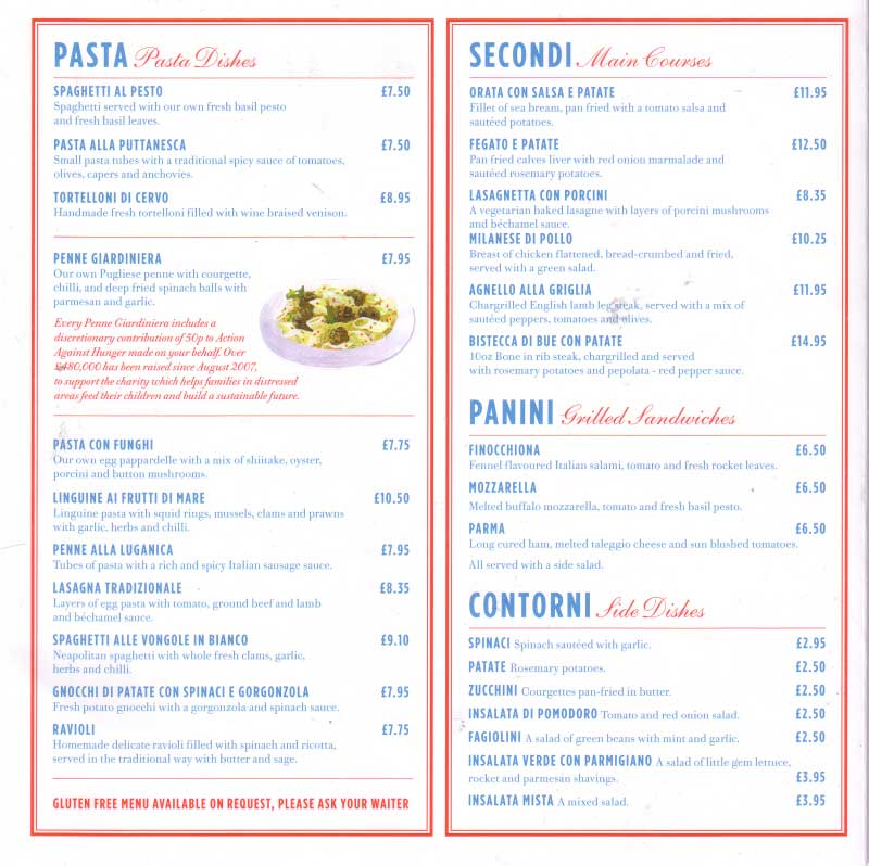 Chester Tourist Carluccio's Menu Bridge Street