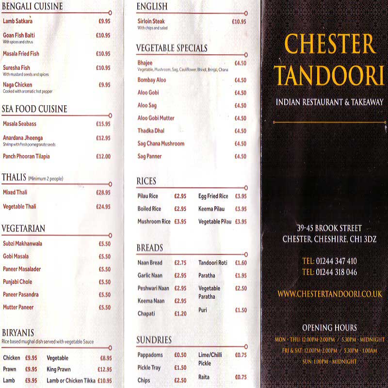 Chester Tandoori  Menu Page 1