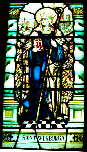 St Werburgh in a Stained Glass Window in the Cathedral Cloisters